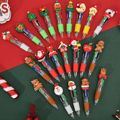30PCS Cute Cartoon 4-Color Ballpoint Pens – Mini Pocket Kawaii 3D Pens for Kids, Christmas Student Prizes, School & Office Stationery