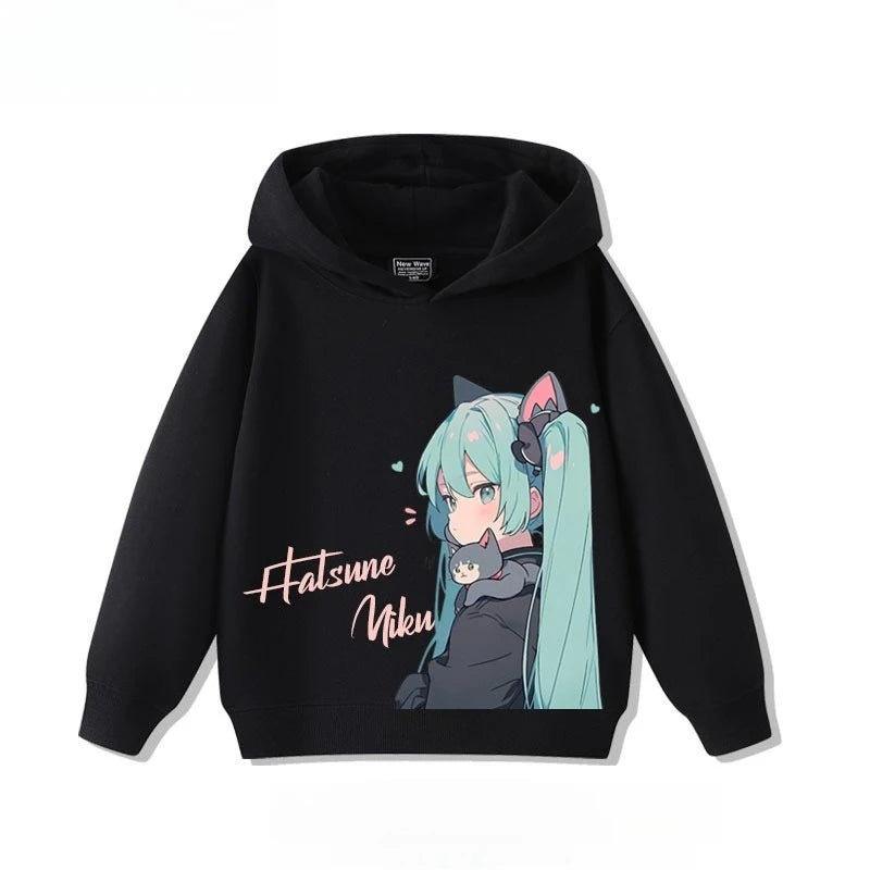 Hatsune Miku 2025 Cartoon Print Hooded Sweatshirt – Boys & Girls All-Match Autumn/Winter Top
