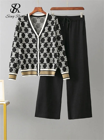 SINGREINY Conjunto de dos piezas de punto para mujer con cuello en V, top estampado de manga larga y pantalones de cintura elástica