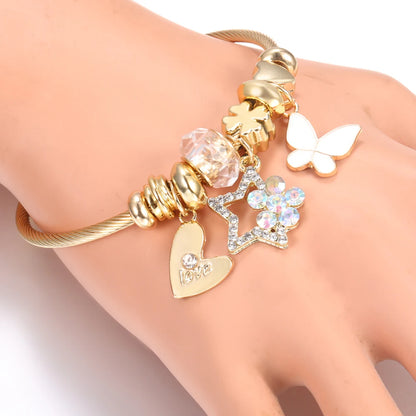 Pulsera con colgante de corazón y cuentas – Pulsera de abalorios de acero inoxidable de 4 colores para mujer | Regalo de joyería de moda dorada de tendencia