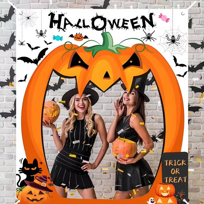 Halloween Pumpkin Door Banner Decoration, Scary Pumpkin Party Backdrop, Creepy Photo Booth Props, Large Horror Photography Background for Halloween Party Supplies