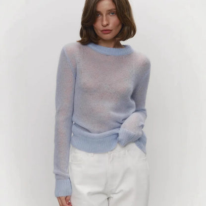 Women’s Classic Mohair Knitted Sweater Top Spring Summer Loose O-Neck Micro Sheer Cool Knit Shirt