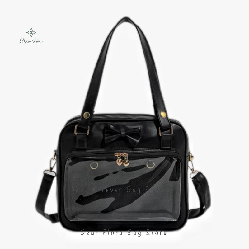 Bolso Y2K lindo con moño Ita – Bolso de hombro transparente para mujer y niña, bolso tote de exhibición de insignias DIY, bolso bandolera de moda Lolita con diseño de moño Kawaii