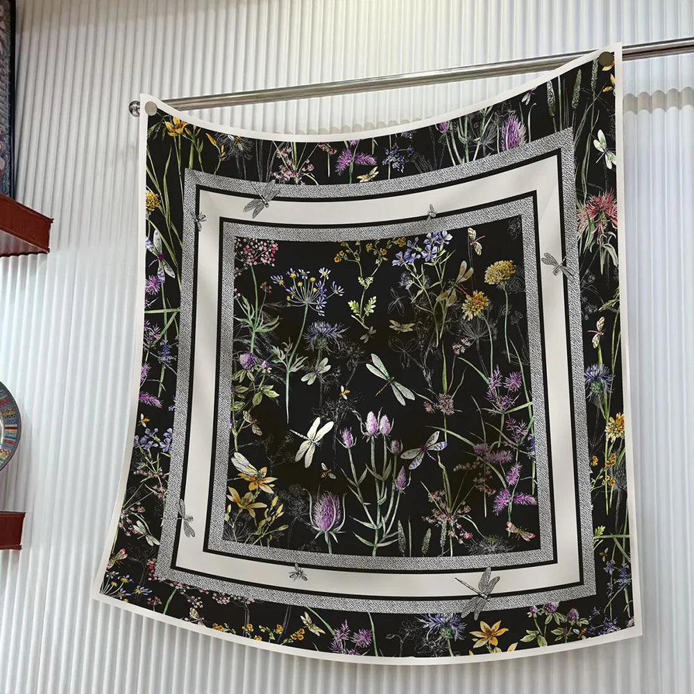 Foulard carré en soie 90 cm pour femme, motif floral, sergé de luxe, bandana, châle, hijab, cache-col, écharpe de tête