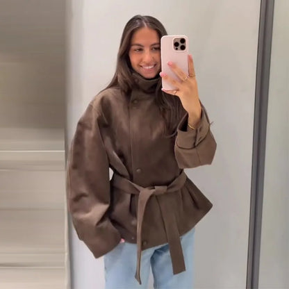 Women’s Vintage Suede Short Coat – Elegant Lace-Up Belted Jacket with Stand Collar, Single-Breasted Closure & Long Sleeves
