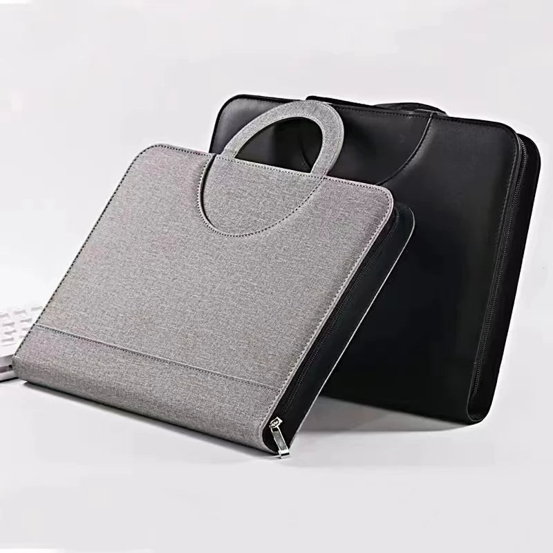 A4 PU Leather Zipper Portfolio Folder – Portable Conference File Organizer with Calculator Holder, Tablet Compartment & Handle