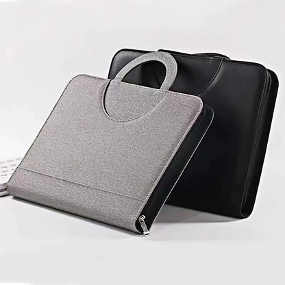 A4 PU Leather Zipper Portfolio Folder – Portable Conference File Organizer with Calculator Holder, Tablet Compartment & Handle