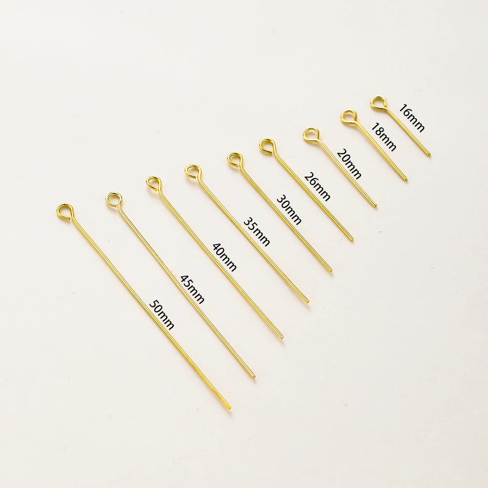 100-Piece 14K & 18K Gold Plated Brass Head Pins Set (16–50mm) – Ball, Flat & Eye Pins for DIY Jewelry Making & Crafts