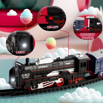 Retro Electric Freight Steam Train Toy Set – DIY Assembly Railway Track with Lights, Sound & Smoke Simulation, Children’s Gift