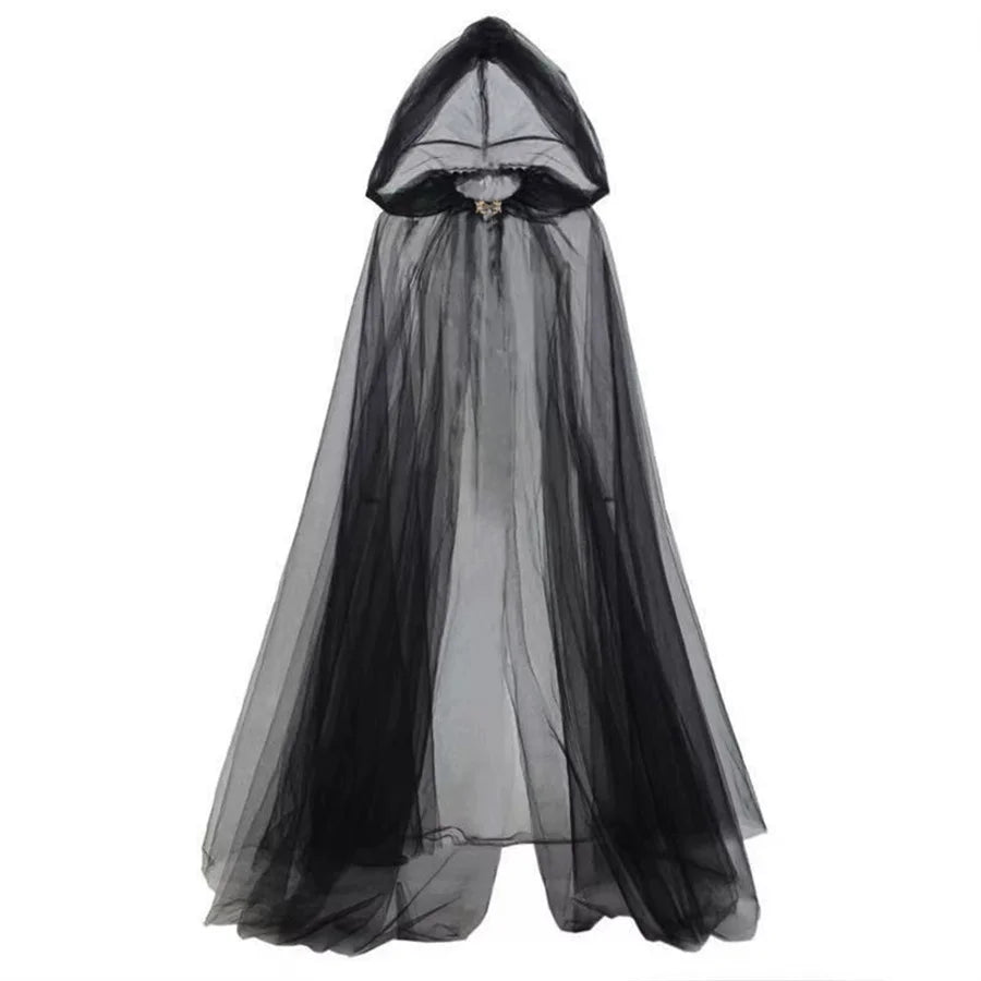 Ghost Witch Cosplay Costume with Hooded Cloak – Death God Net Long Dress Full Set for Halloween, Stage Performance & Party Outfit