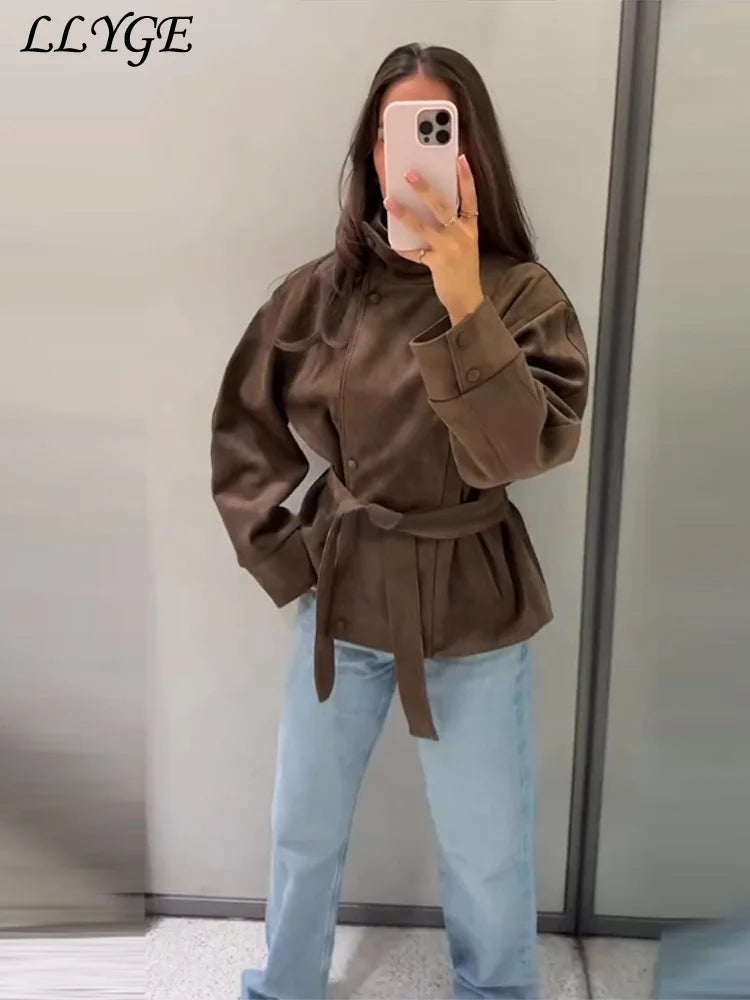Women’s Vintage Suede Short Coat – Elegant Lace-Up Belted Jacket with Stand Collar, Single-Breasted Closure & Long Sleeves