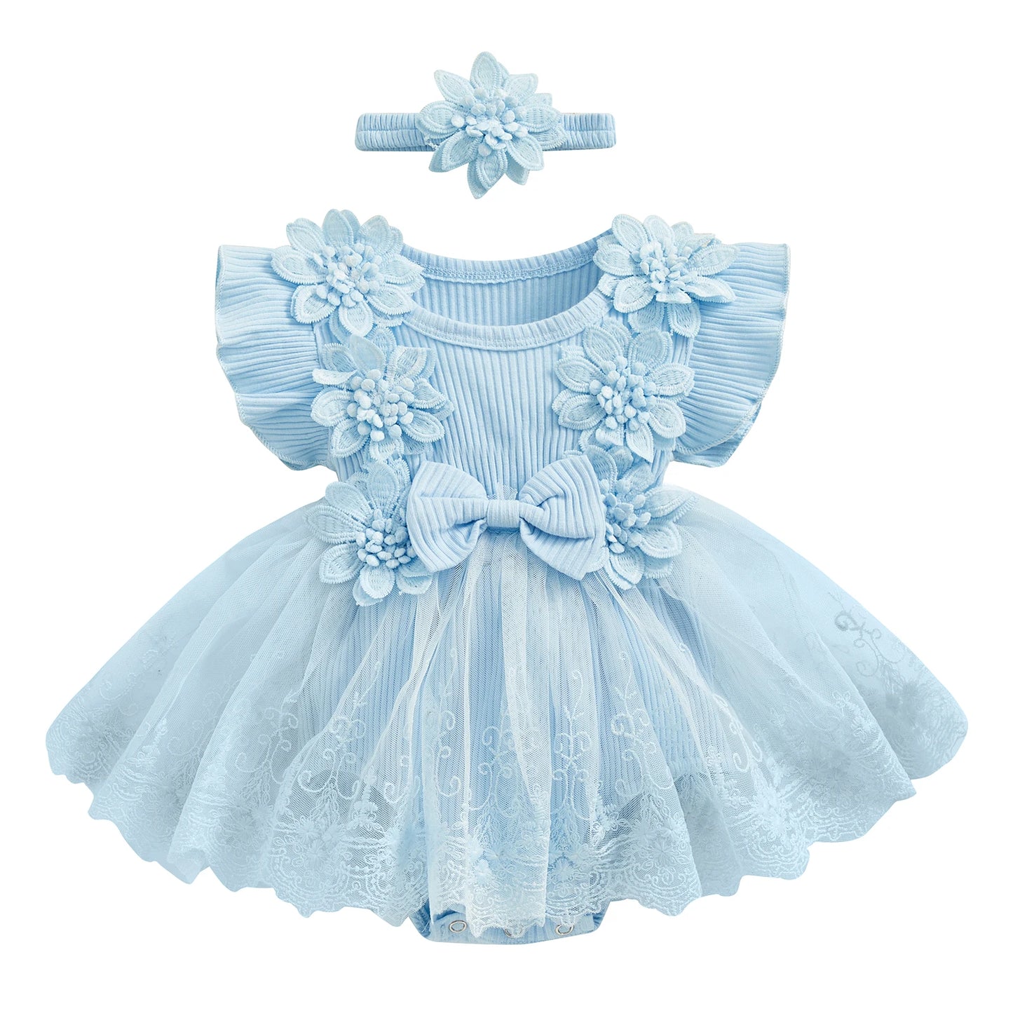 Vestido de mameluco 3D con flores para bebé – Body de malla de princesa de verano con volantes de encaje, conjunto de recién nacido con diadema a juego, ropa linda para niños para ocasiones especiales y uso diario