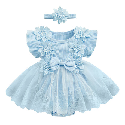 Vestido de mameluco 3D con flores para bebé – Body de malla de princesa de verano con volantes de encaje, conjunto de recién nacido con diadema a juego, ropa linda para niños para ocasiones especiales y uso diario