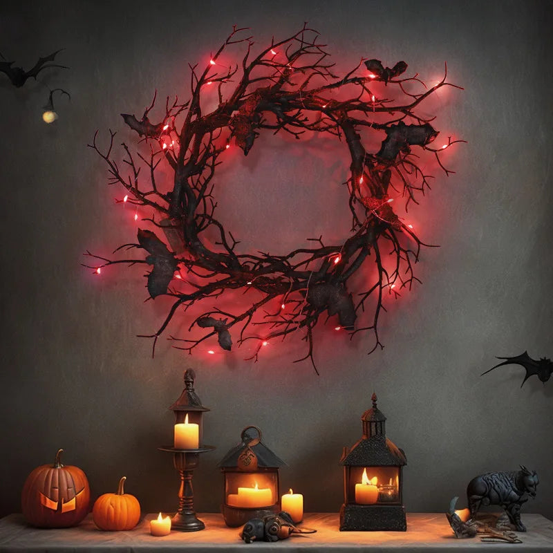 Halloween Artificial Bat Wreath – Black Branch Wreath with LED Lights for Front Door, Window, Home & Spooky Halloween Decorations