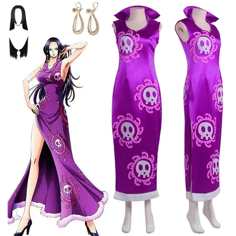 One Piece Boa Hancock Cosplay Costume – Purple Kimono Cheongsam Dress & Cloak