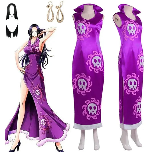 One Piece Boa Hancock – Costume de Cosplay Kimono Cheongsam Violet et Manteau