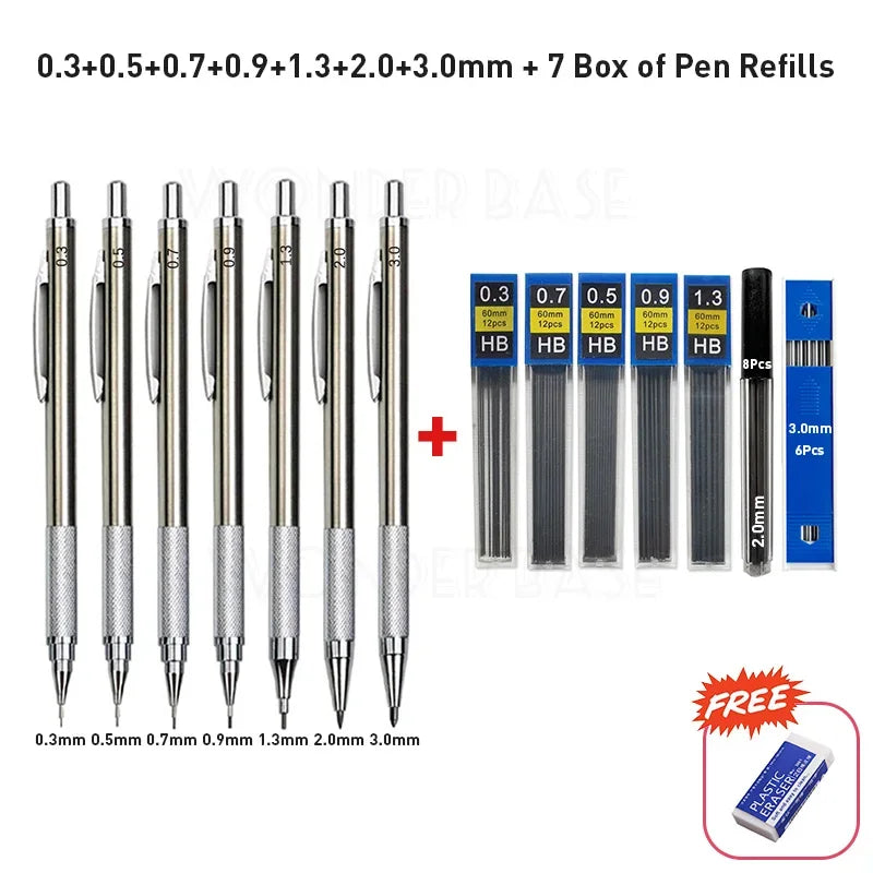 Crayon mécanique entièrement métallique de 0,3/0,5/0,7/0,9/1,3/2,0/3,0 mm – Crayon de dessin technique de précision pour l'esquisse, le dessin, la peinture, l'art, les fournitures de bureau et scolaires