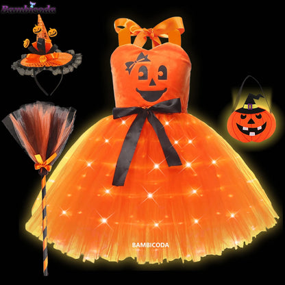 Girls LED Light-Up Witch Costume Dress – Halloween Vampire Cosplay Outfit for Carnival, Masquerade, Performance & Pumpkin Parties