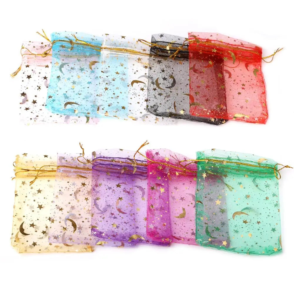 Bolsas de regalo de organza con estrellas y lunas de 25/50 piezas – Bolsitas de joyería con cordón dorado para recuerdos de boda, regalos de fiesta, empaques de dulces y almacenamiento de accesorios pequeños