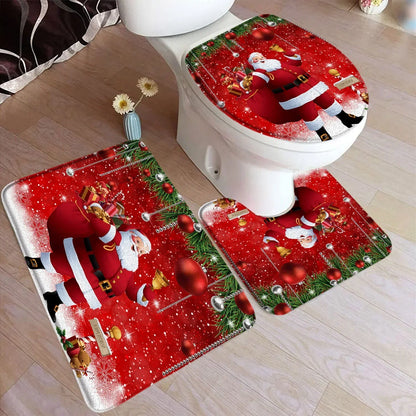 Funny Christmas Bath Mat Set – Cute Snowman, Santa Claus, Red Ball & Xmas Tree Bathroom Rugs with Toilet Lid Cover
