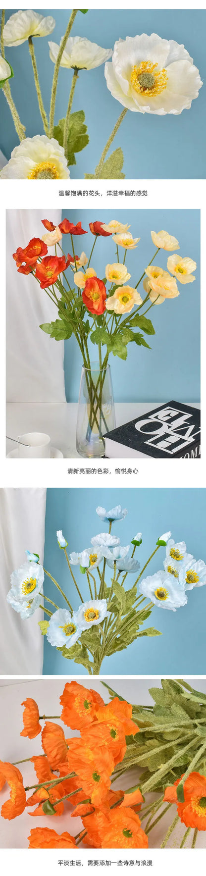 4 cabezas de amapolas artificiales – Ramo floral sintético de seda para arreglos de boda nupciales, decoración de fiestas, decoración de jardines y exhibiciones al aire libre