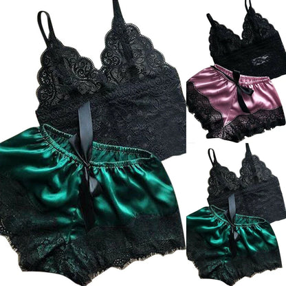 Ensemble de pyjama 2 pièces en dentelle pour femme – Caraco babydoll et short, lingerie de nuit douce
