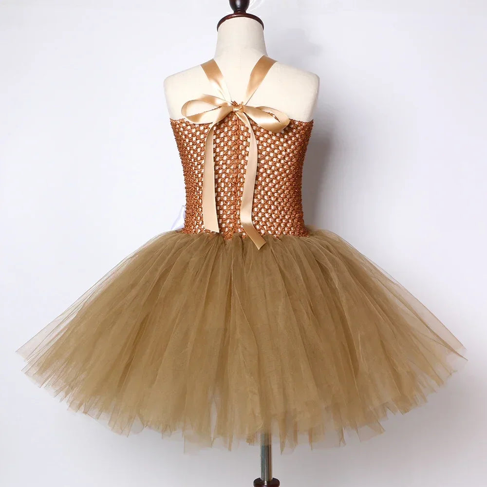 HJTT Girls' Gingerbread Man Christmas Costume Dress, Brown Tulle Tutu Outfit for Kids, Cute Xmas Carnival Party Dress-Up Clothes for Holiday Celebrations and Cosplay