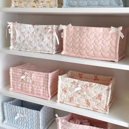 Cute Quilted Lace Storage Basket – Korean Desktop Organizer Bin for Cosmetics, Toys, Sundries & Home Décor