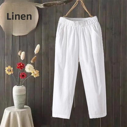 Pantalones Harlan de Verano para Mujer de Lino y Algodón, de Cintura Alta, Sueltos, Delgados, Estampados, Informales, tipo Farol, de Nueve Puntos con Bolsillos