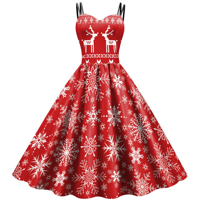 Women's Red Christmas Party Dress with 3D Snowflake Pattern, Vintage Chiffon Suspender Skirt Cosplay Costume, Festive Holiday Dress for Christmas Parties and New Year Celebrations