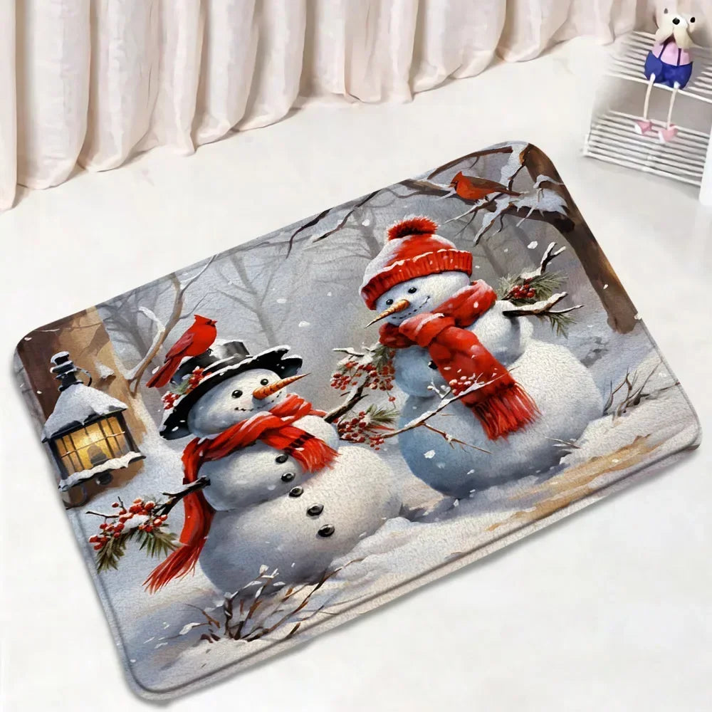 Funny Christmas Bath Mat Set – Cute Snowman, Santa Claus, Red Ball & Xmas Tree Bathroom Rugs with Toilet Lid Cover