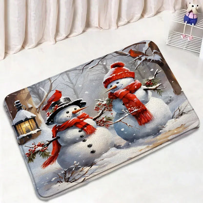Funny Christmas Bath Mat Set – Cute Snowman, Santa Claus, Red Ball & Xmas Tree Bathroom Rugs with Toilet Lid Cover