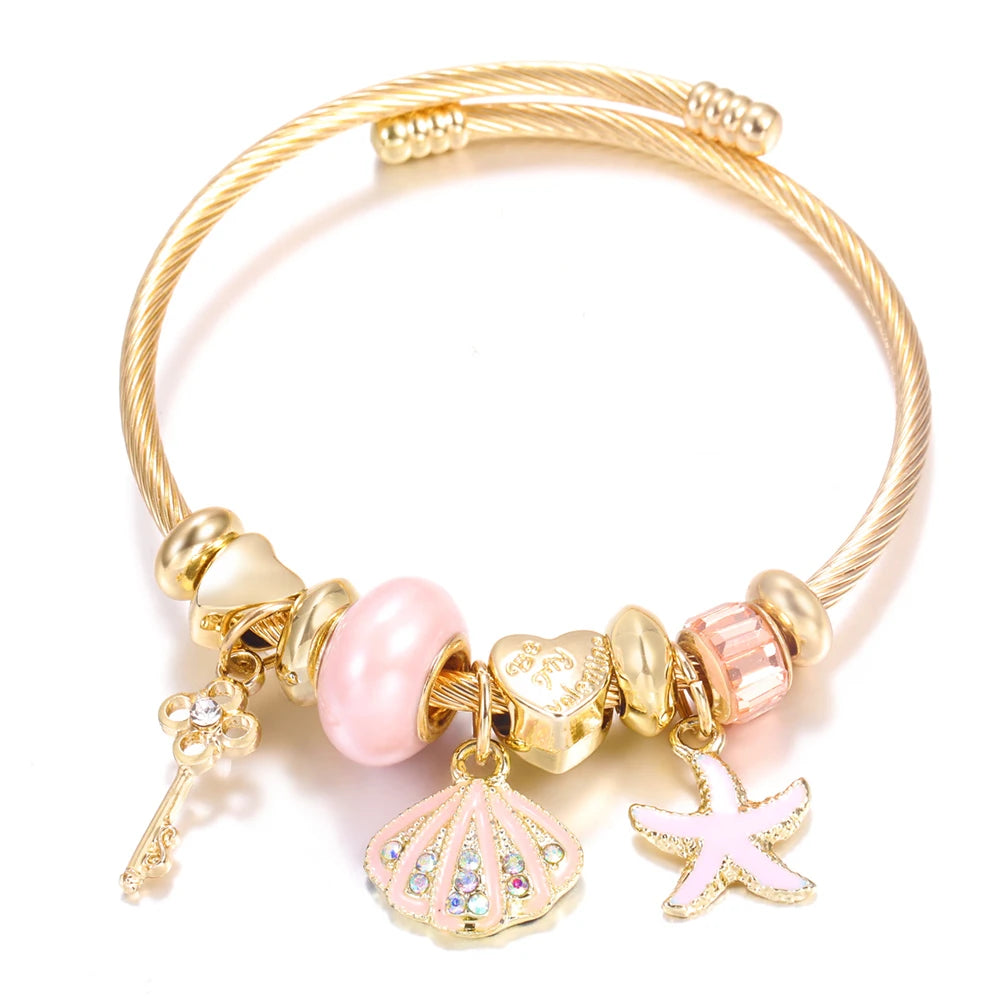 Pulsera con colgante de corazón y cuentas – Pulsera de abalorios de acero inoxidable de 4 colores para mujer | Regalo de joyería de moda dorada de tendencia
