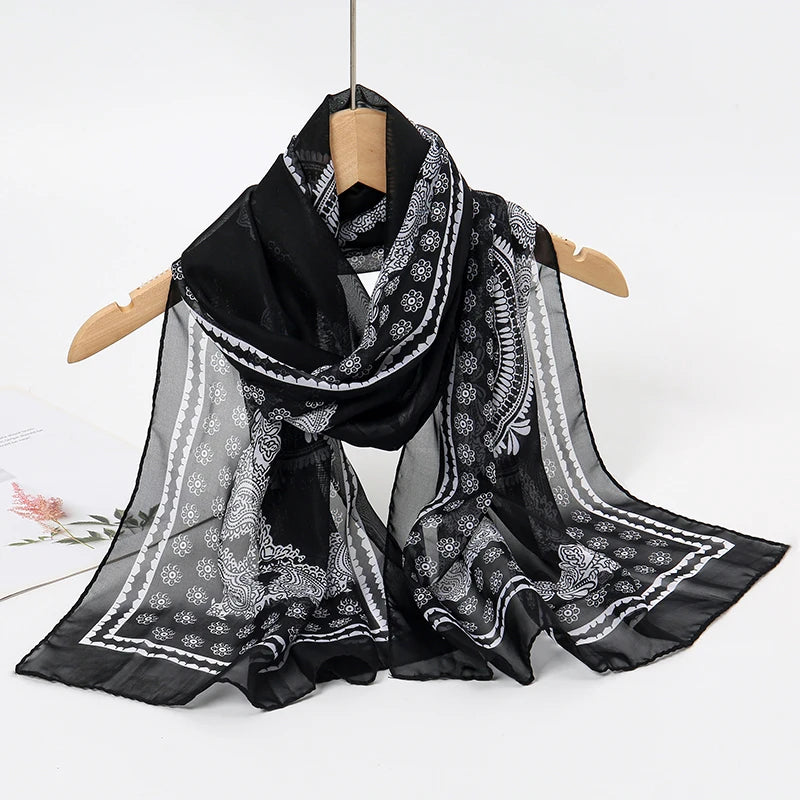 Women's Printed Chiffon Scarf Shawl – Lightweight Silk-Feel Long Wrap for Beach, Travel & Outdoor Wear, Fashion Headband Accessory