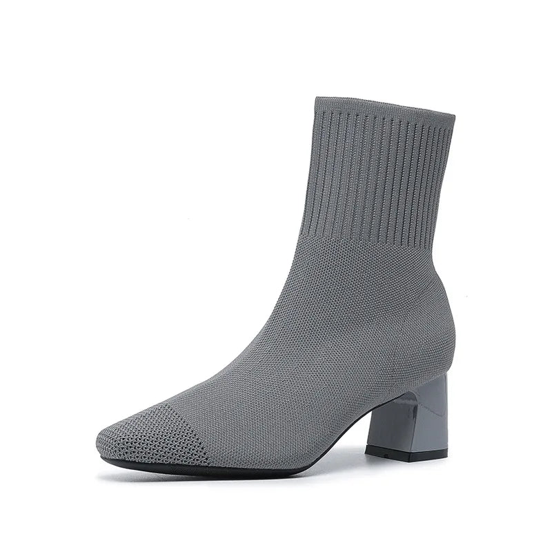 Women's Knitted Sock Boots – Pointed Toe High Heel Mid-Calf Boots, Stretch Fabric Slip-On Design for Spring & Autumn, Plus Size 43