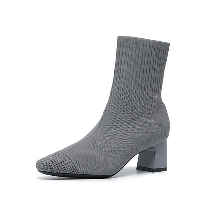 Women's Knitted Sock Boots – Pointed Toe High Heel Mid-Calf Boots, Stretch Fabric Slip-On Design for Spring & Autumn, Plus Size 43