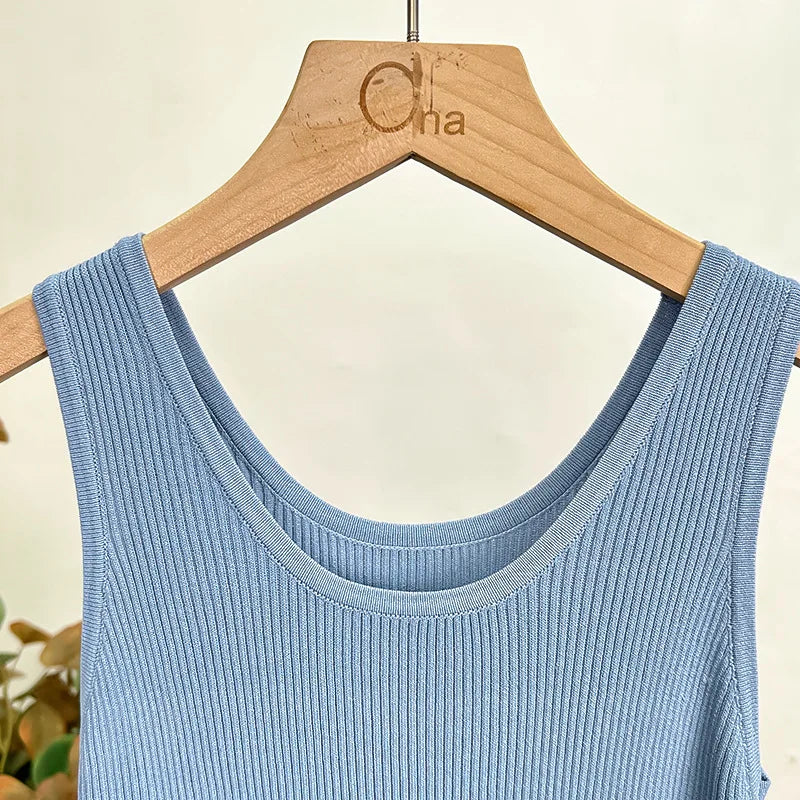 Haut court décontracté basique en tricot à col en U sans manches et de couleur unie pour femme, idéal pour l'automne