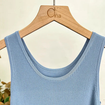 Haut court décontracté basique en tricot à col en U sans manches et de couleur unie pour femme, idéal pour l'automne