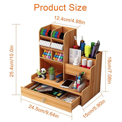 Organizador de escritorio de madera – Caja de almacenamiento de bricolaje para escritorio con cajón, portalápices de gran capacidad para organización de papelería de oficina, escuela y hogar