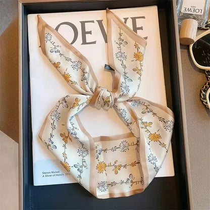 Khaki Nude Silk Scarf Hair Band – Vintage Satin Ribbon Bow Hair Accessory for Women | Elegant Fashion Hair Tie