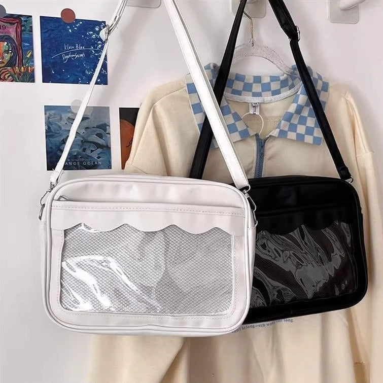Bolso japonés Harajuku Ita – Bolso bandolera de piel sintética con bolsillo transparente para mujeres y estudiantes de secundaria, bolso de estilo uniforme JK, bolso de almacenamiento de moda Kawaii para coleccionistas y uso diario