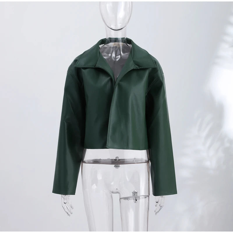 Women’s PU Leather Jacket – Long-Sleeve Stand Collar Zip-Up Coat, Casual Streetwear Outerwear for Autumn & Winter