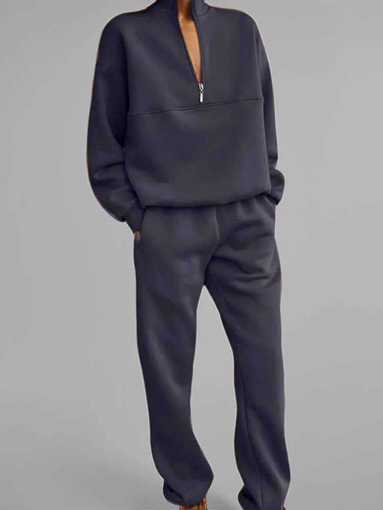 FSMG Women’s Casual 2-Piece Tracksuit Set – Half High Neck Long Sleeve Zip Pullover & Elastic Waist Pants, Solid Sport Outfit