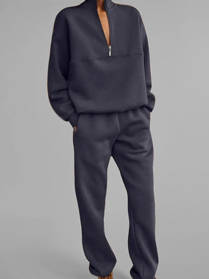 FSMG Women’s Casual 2-Piece Tracksuit Set – Half High Neck Long Sleeve Zip Pullover & Elastic Waist Pants, Solid Sport Outfit