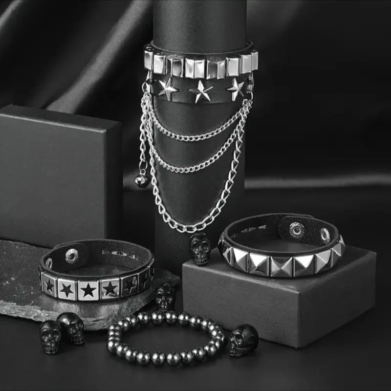 4-Piece Gothic Punk Bracelet Set – Square Rivet Metal Chain & Tassel Bracelets for Men & Women | Rock Fashion Jewelry Gift