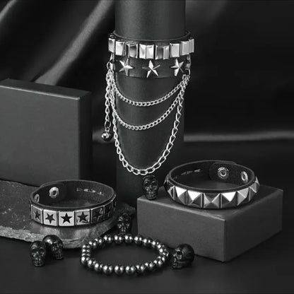 4-Piece Gothic Punk Bracelet Set – Square Rivet Metal Chain & Tassel Bracelets for Men & Women | Rock Fashion Jewelry Gift