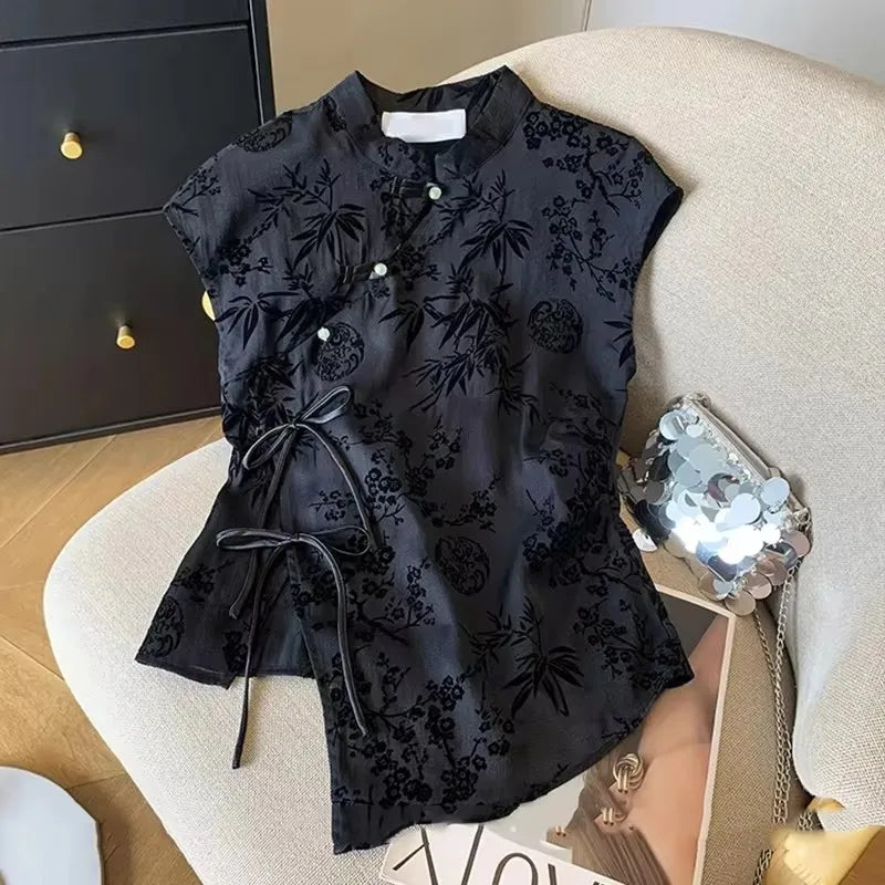 Blusa Jacquard Estilo Chino para Mujer – Top Cheongsam Vintage de Manga Corta, Camisa de Verano con Solapa Asimétrica