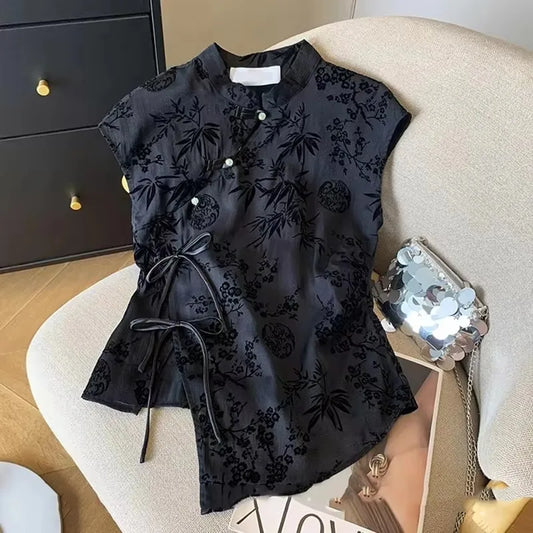 Blusa Jacquard Estilo Chino para Mujer – Top Cheongsam Vintage de Manga Corta, Camisa de Verano con Solapa Asimétrica