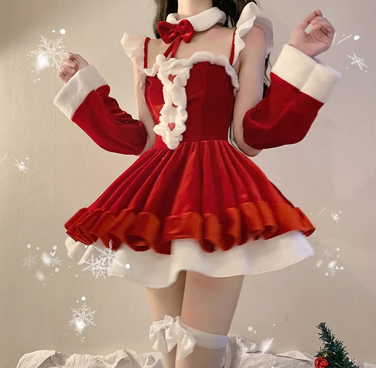 Women's Sexy Christmas Lolita Santa Costume, Red and White Short Skirt Dress, Elegant Santa Claus Cosplay Outfit for Christmas Parties, Holiday Events and Roleplay Garment