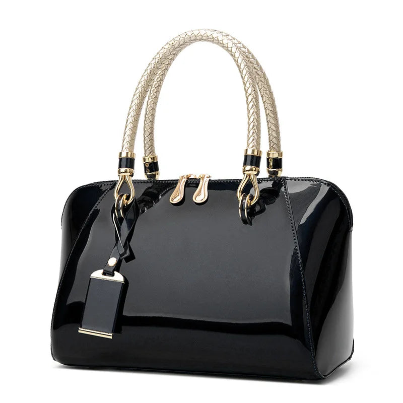 Women's Luxury Shiny Leather Boston Bag – Elegant Top-Handle Handbag in Blue, Red, Black, Beige & Pink, Fashion Shoulder Purse
